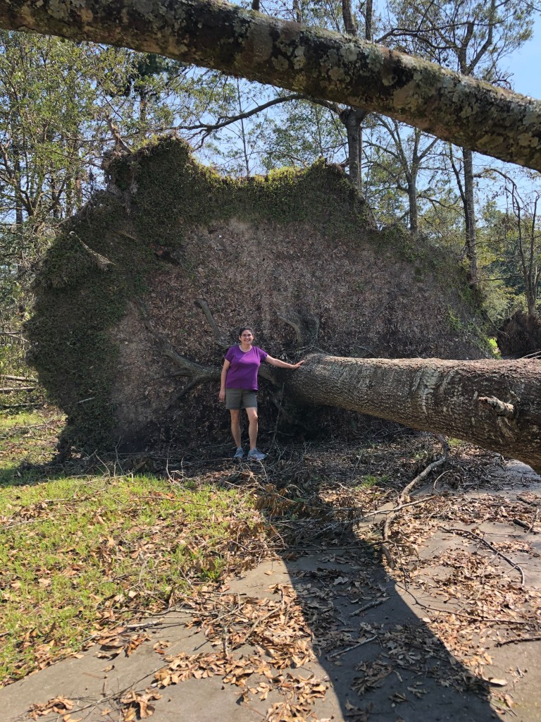 Kat standing in front of neighbor’s tree after Hurricane Ida.